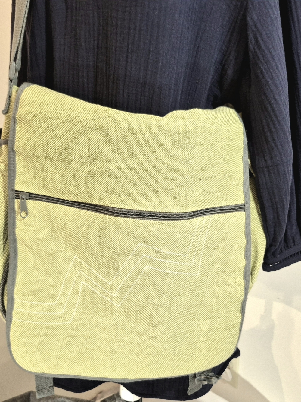 Onyx Light Green Canvas Shoulder Bag with Gray Trim